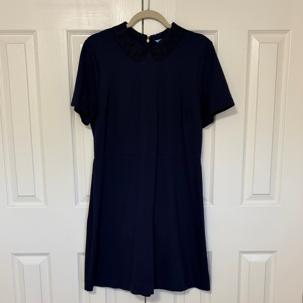 Draper James Navy Blue Lace Peter Pan Collar Ponte Knit Persley Dress Size Large - Picture 2 of 6